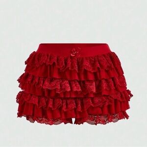 Elegant Red Lace Ruffle Skirt